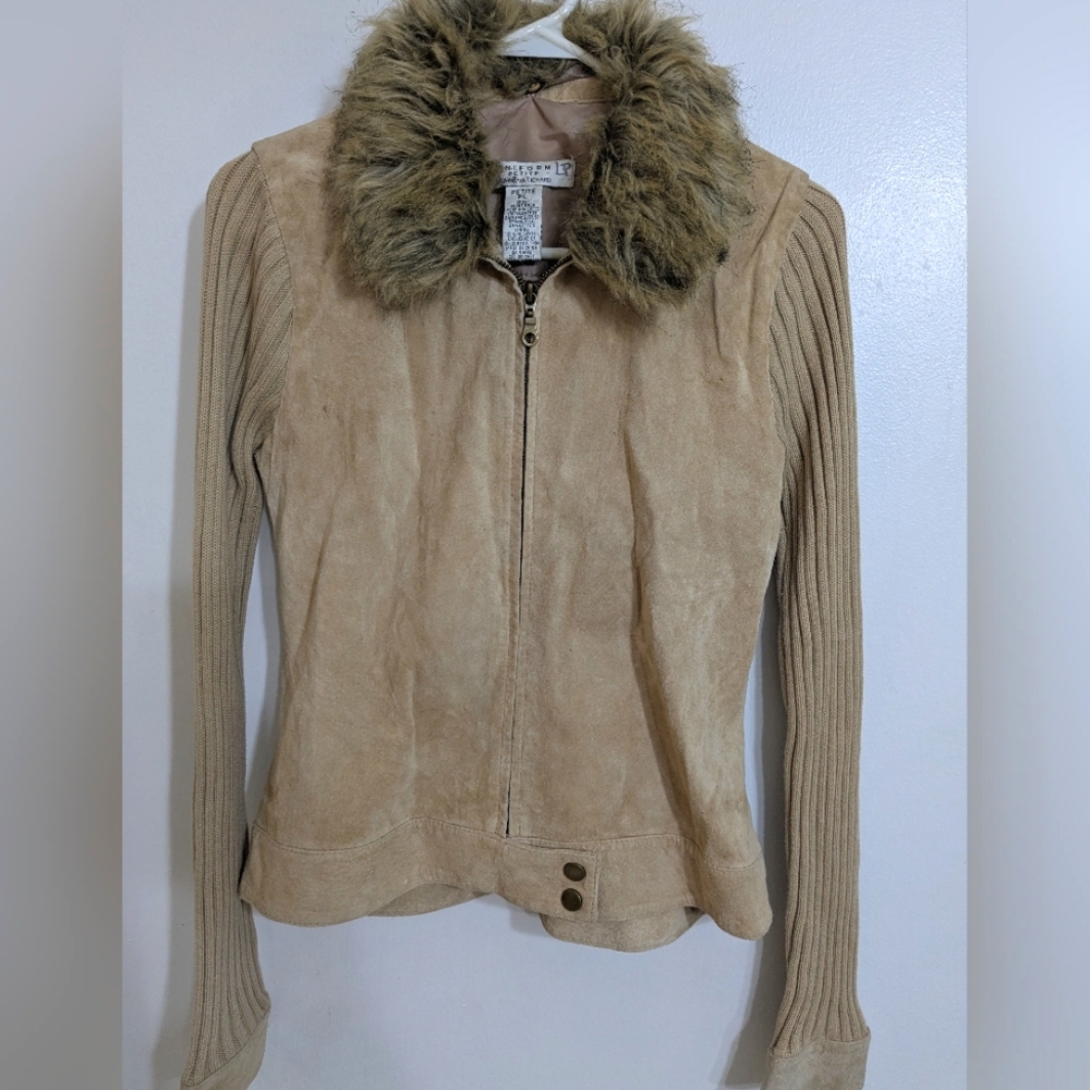 Tan Faux Fur Collar Leather Jacket, PL